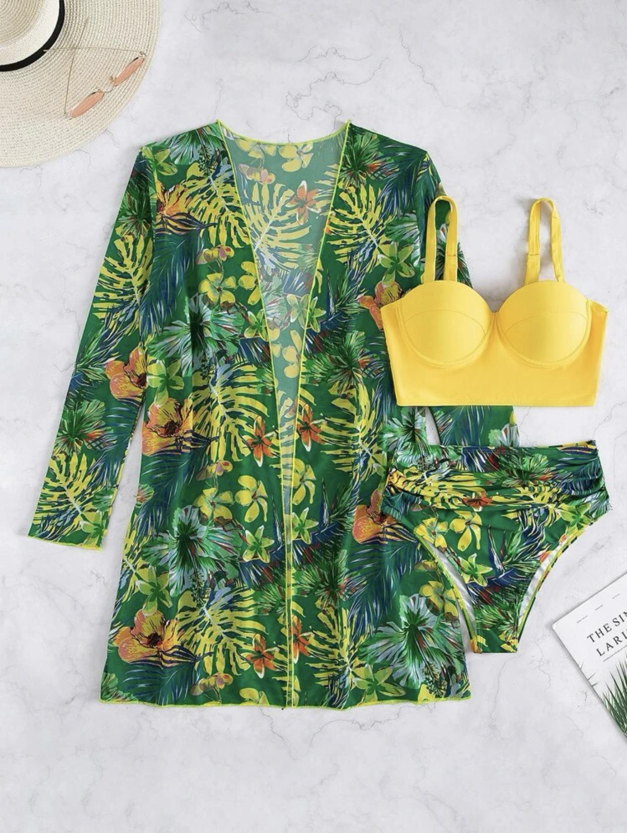 

New sexy bikini mesh three-piece collection printing split swimsuit women XL