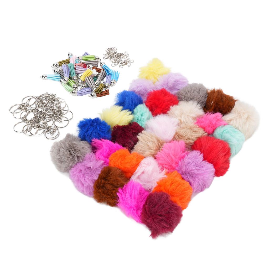30 Set Puff Ball Keychain Accessories with Tassels Keyrings Open Rings Multicolor Faux Rabbit Fur