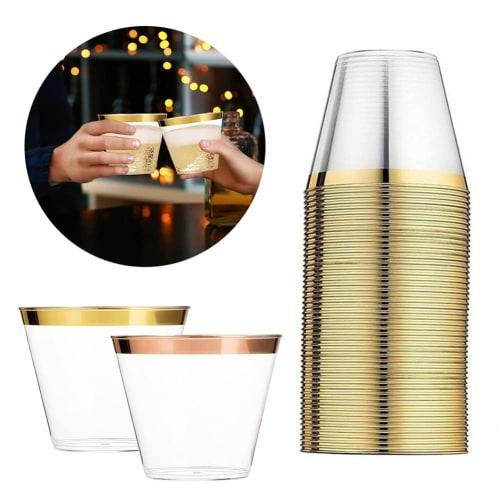 CUTEECO Golden Plastic Cups, 9oz Disposable Cups, Plastic Wine Glasses, Party Cups, Clear Plastic Cups for Parties