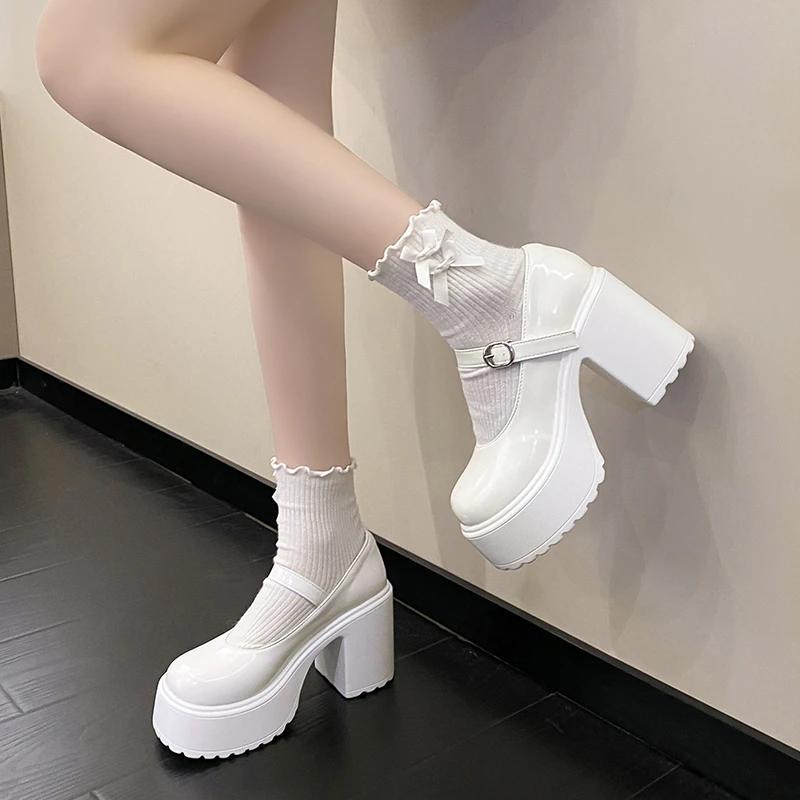 Chunky Platform High Heels Pumps Women 2025 Autumn Pu Leather Ankle Buckle Shoes Woman Thick Heeled White Lolita Shoes