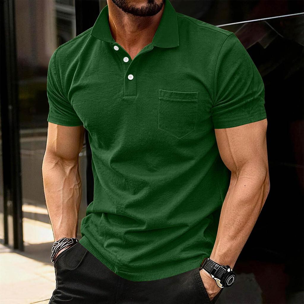 Men’s Short Sleeve Polo Shirt with Chest Pocket Classic Fit Soft Cotton Collared Top for Casual or