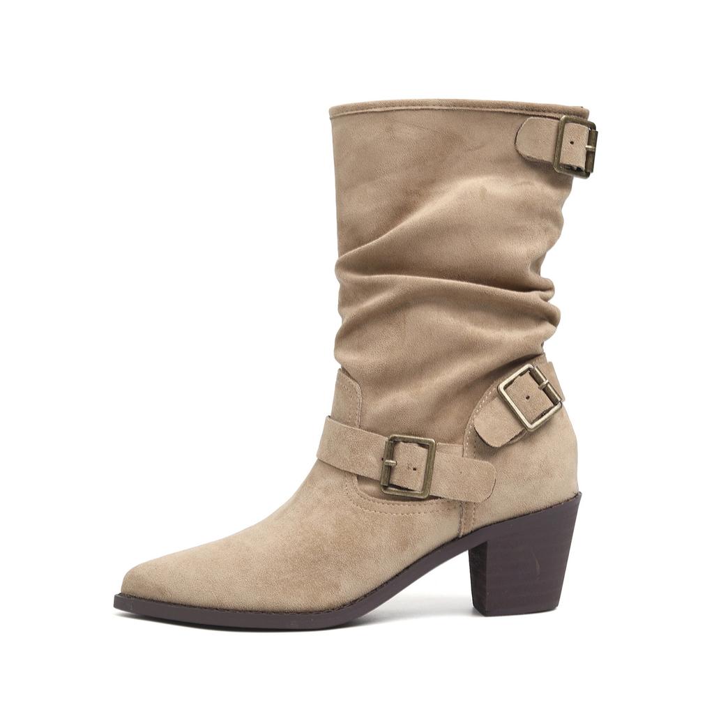 Pointed cowhide version thick heel white short boots women's 2025 new British style belt buckle Martin boots temperament medium tube pile