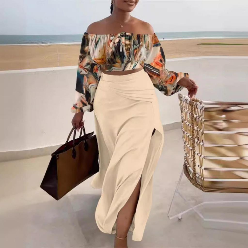 New Women's 2 Piece Set Off-the-Shoulder Top Slit Midi Dress Casual Outfit, Hot Fashion Suit For Women