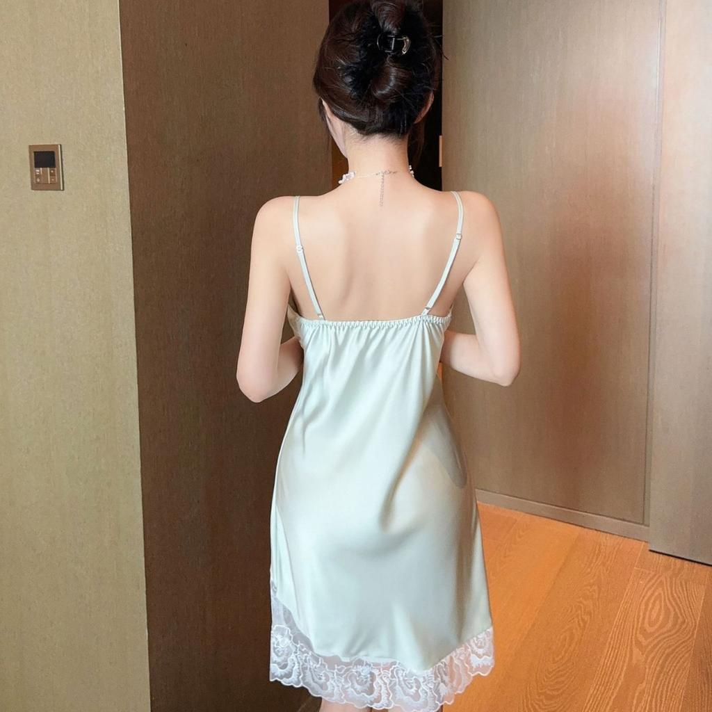 Sexy Pajamas Women Ice Ribbon Chest Pad Pure Wind Lace Suspender Pajamas Two-piece Robe Silk Loungewear