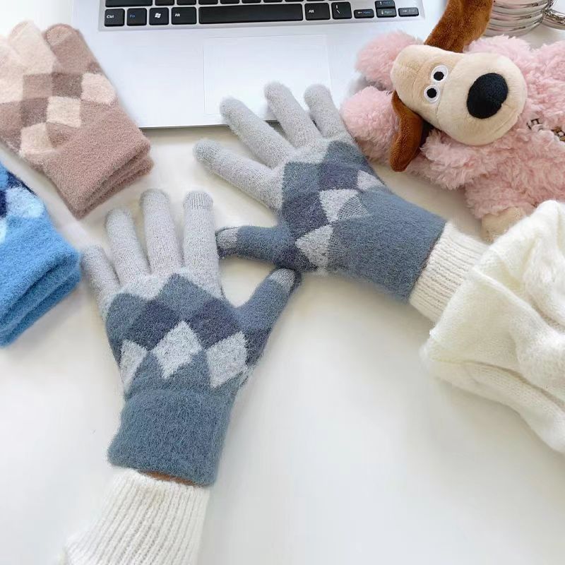 Gants chauds en laine pour femmes en automne et en hiver Écran tactile Cyclisme Mignon Hiver Cyclisme Étudiants Cinq doigts Plus Velours Ins Tricoté