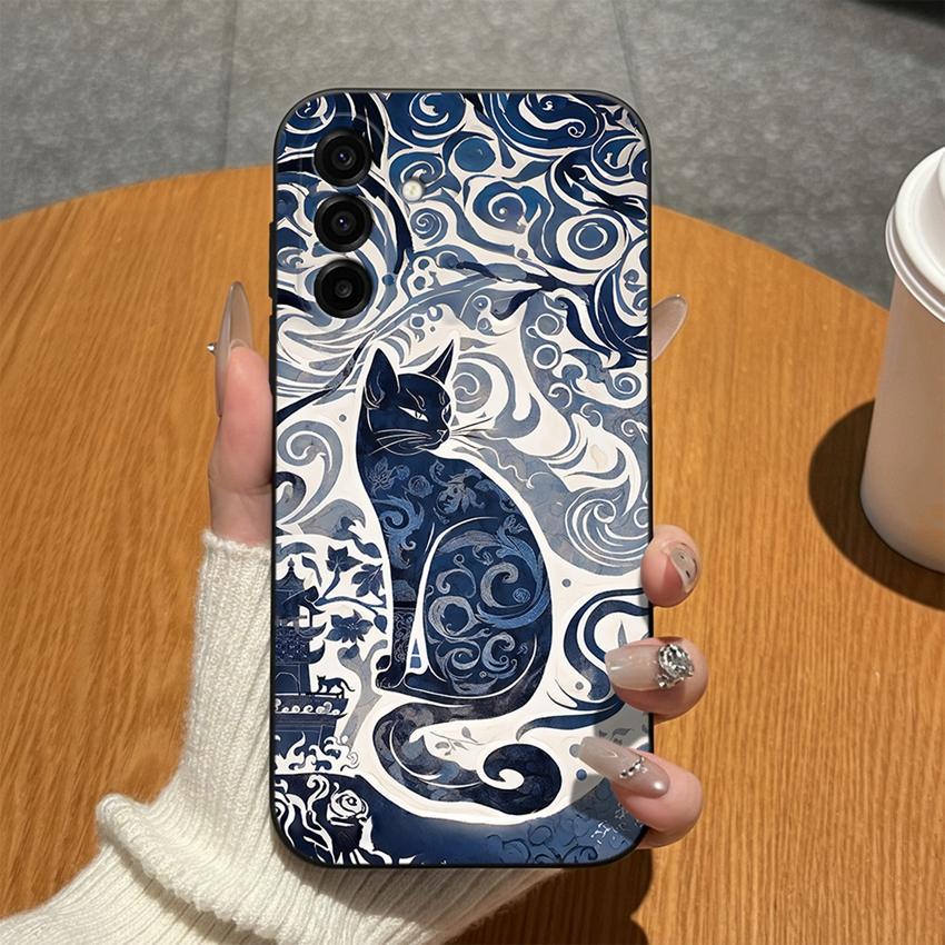 For Samsung Galaxy A17 A16 A15 A14 A13 A07 A06 A04 A01 Phone Cases Blue Porcelain Cat Matte Silicone Anti Drop Lightweight Housing For Samsung Bumpers