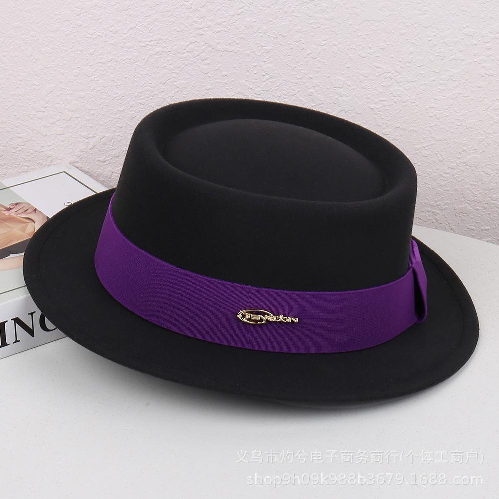 Autumn and Winter French Flat-brimmed Woolen Flat-top Top Top Hat Female British Show Small Face Simple Temperament Elegant Celebrity Style Jazz Hat