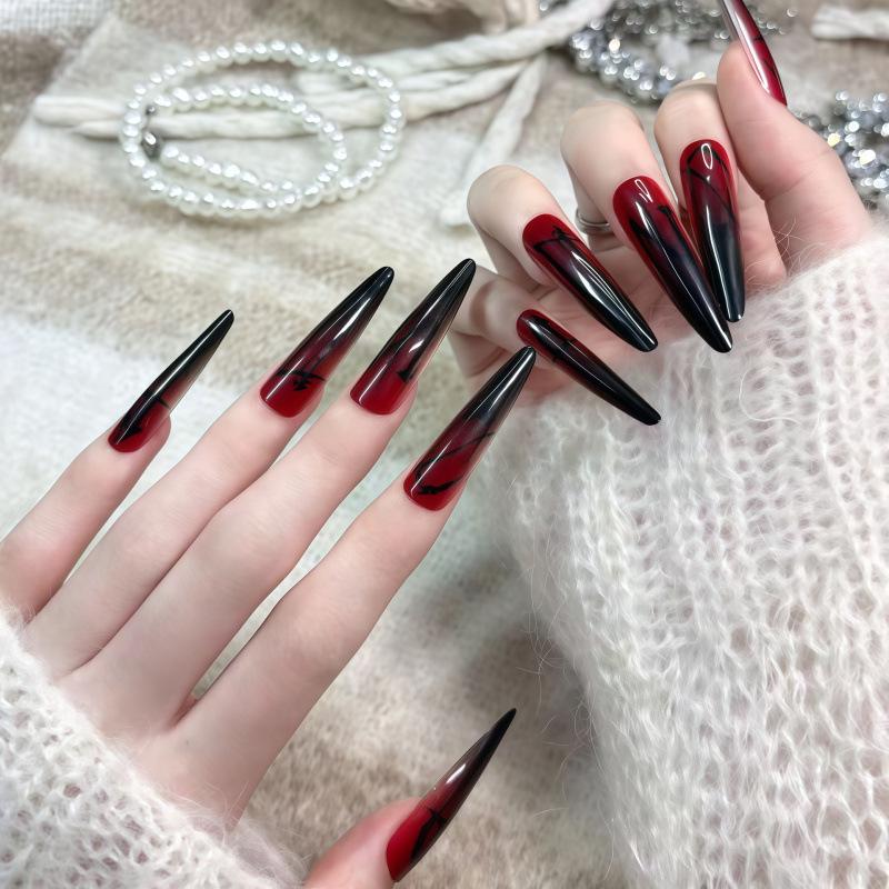 Winter Gothic Red & Black Gradient Press-on Nails: Mysterious Long Detachable Tips