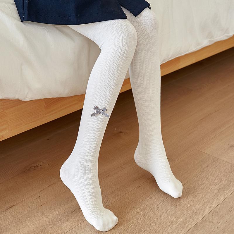 Kids' Winter Plus Velvet Thickened Knit Tights with Bow - Combed Cotton Cable Knit