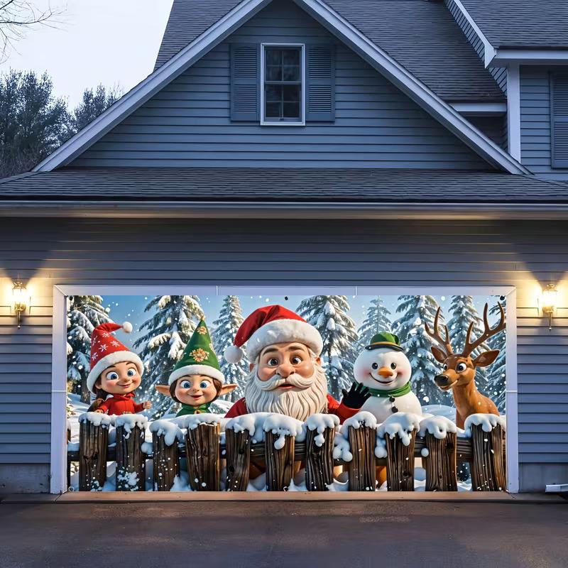 2D Christmas Garage Door Decoration Santa, Elves, Snowman & Reindeer Banner