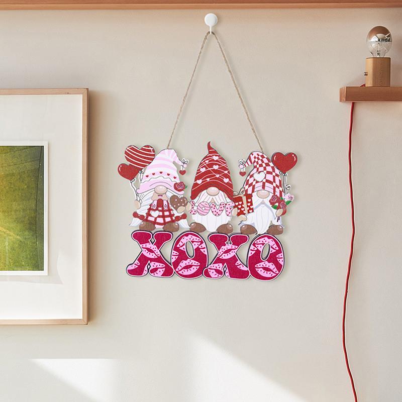 Whimsical Pink Wood Gnome Love Hanging Decor Ideal For Valentines Day Celebrations