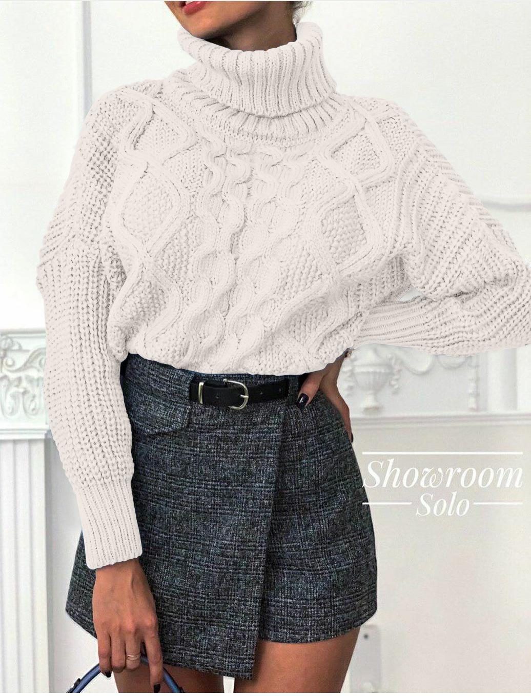 European and American 2024 Autumn/Winter Loose High Neck Cable Knit Women s Sweater Small белый