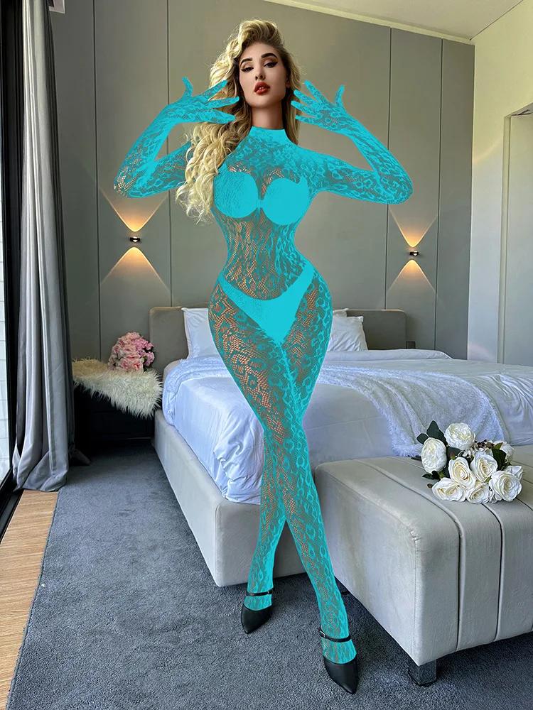 Sexy Lingerie Leopard Mesh Bodystockings Fishnet Jumpsuit Hollow See Through Tight Erotic Pajamas Elastic Night Club Underwear