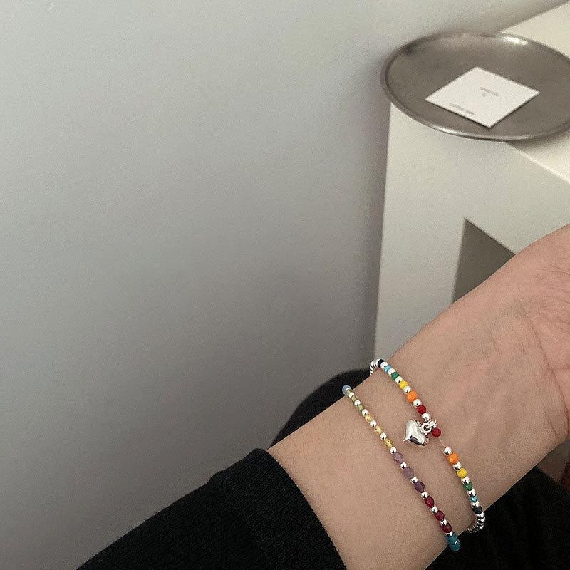 Korean Style S925 Silver Plated Rainbow Bead Heart Bear Bracelet - Women's Fashion Jewelry