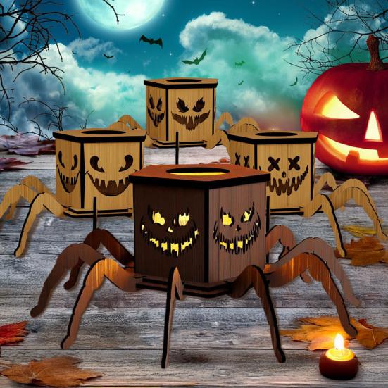 Halloween Lighted Pumpkin Lantern LED Wooden Spider Pumpkin Lamp with Spooky Face for Halloween Party Home Yard Decor
