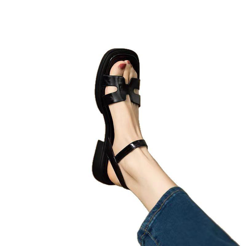 2025 Summer Fashion High and Thin Comfortable Sandals Women's French Simple Elegant Low Heel Leak Toe Roman Sandals