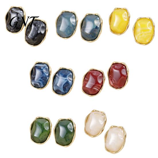 Fashion Statement Earrings for Women 1 Pair Natural Healing Stone Stud Women, Gold Versatile Casual Dress Plated Oval Resin Earrings, Faux Crystal