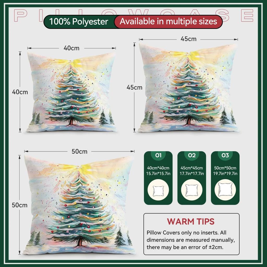 Watercolor Christmas Tree Cushions Pillowcase Polyester Cushion Cover Throw Pillow Pillowcover Home Car Sofa Decor