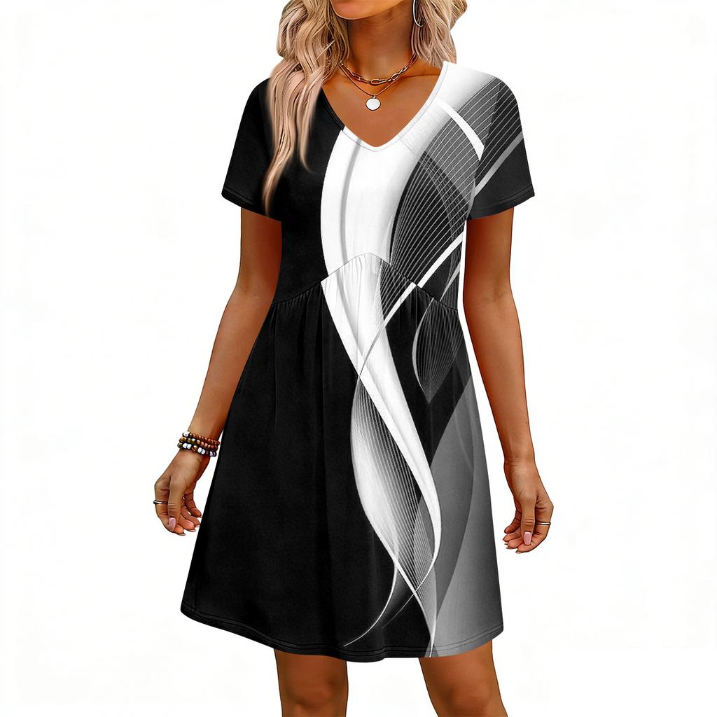 Modisches Damenkleid mit Print, V-Ausschnitt, kurzärmelig, locker, lässig, für den Strandurlaub