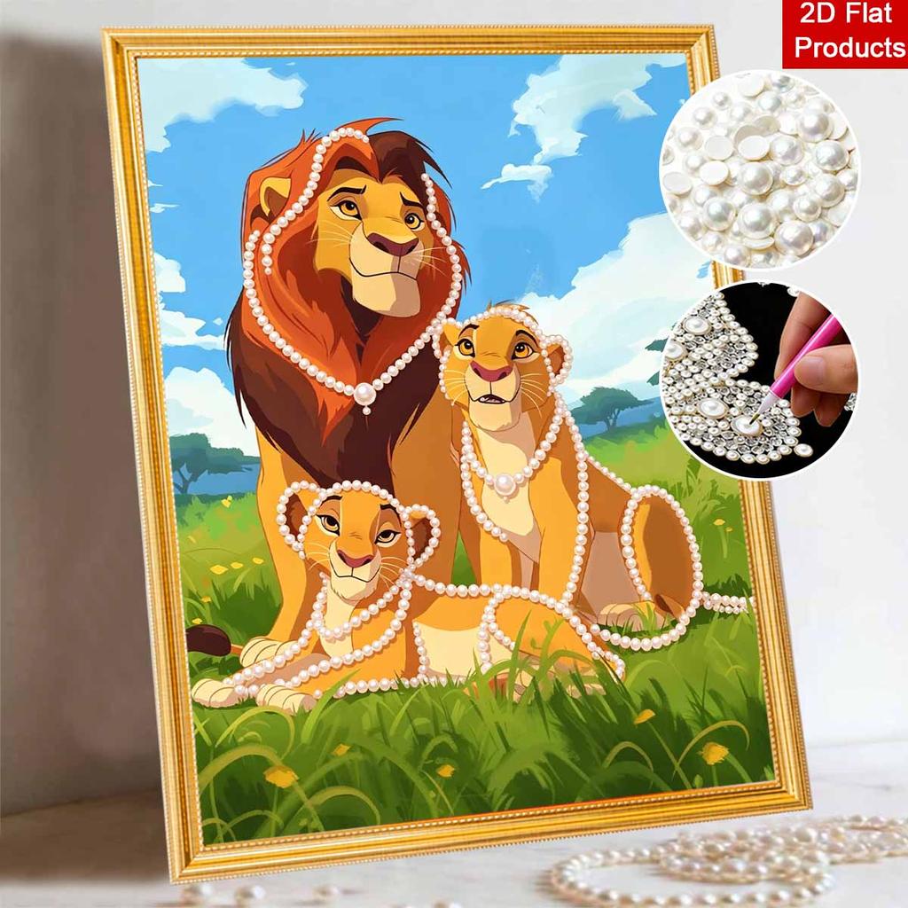 Disney Pearl Art Mufasa Nala and Young Simba Creative Pearl Style Illustration Art 5D DIY Pearl Embroidery Mosaic Cross-Stitch Kit for Home Decor