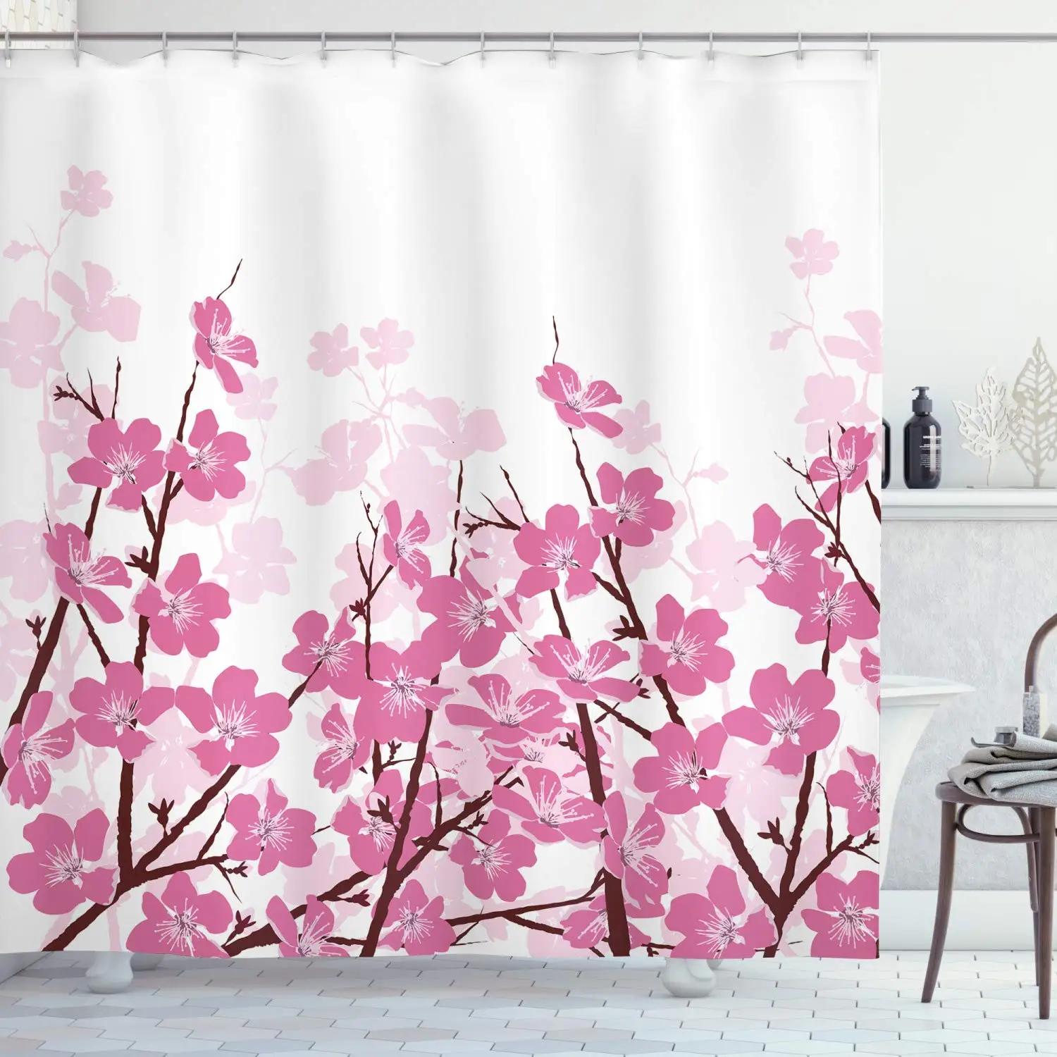 

Pink Cherry Blossoms Print Shower Curtain Japanese Floral Bath Curtain Bathroom Decoration With Hooks Waterproof Bathtub Screen W60H190(CM)-1 Pcs