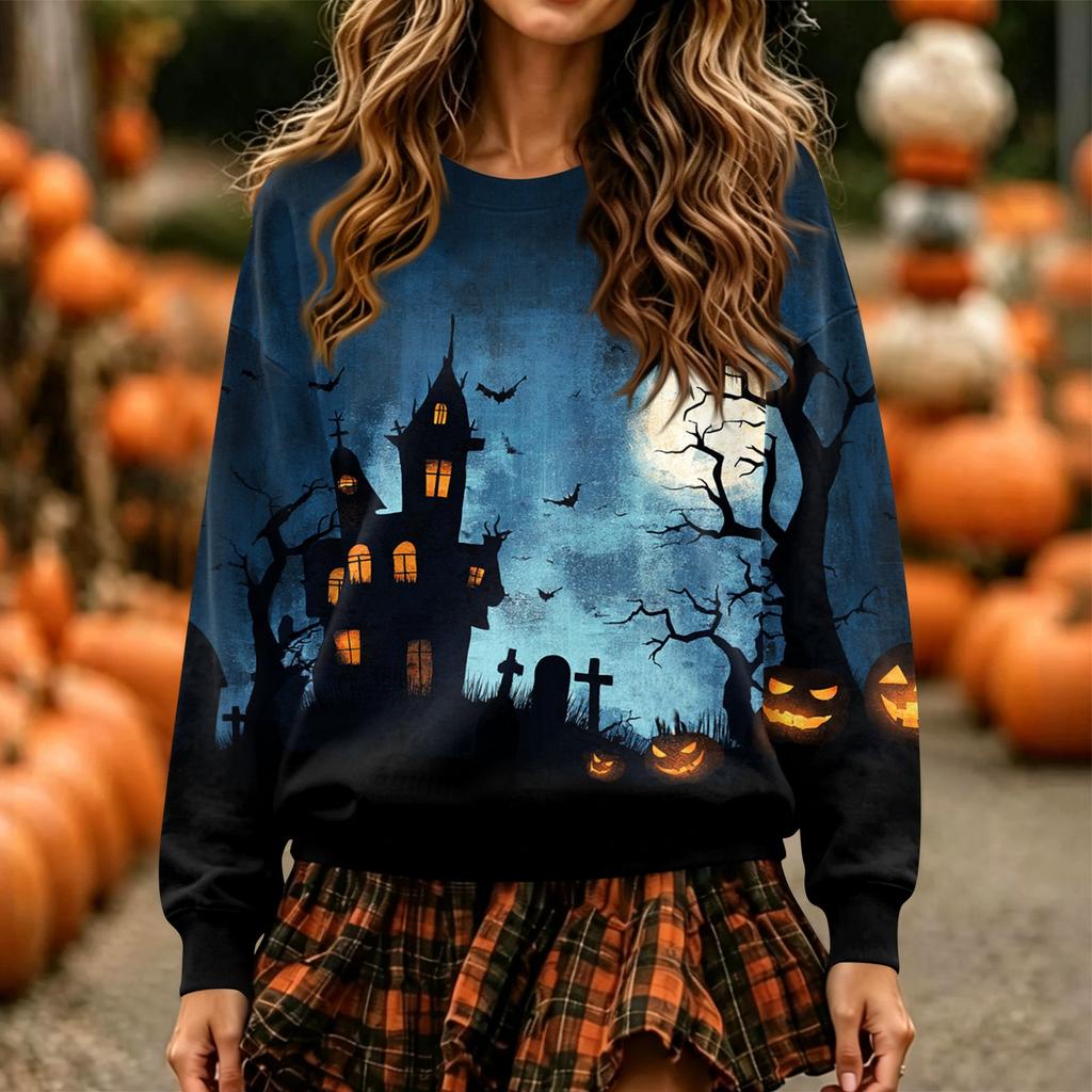 Women's Long Sleeve Halloween Print Neck Pullover Sweatshirt Top