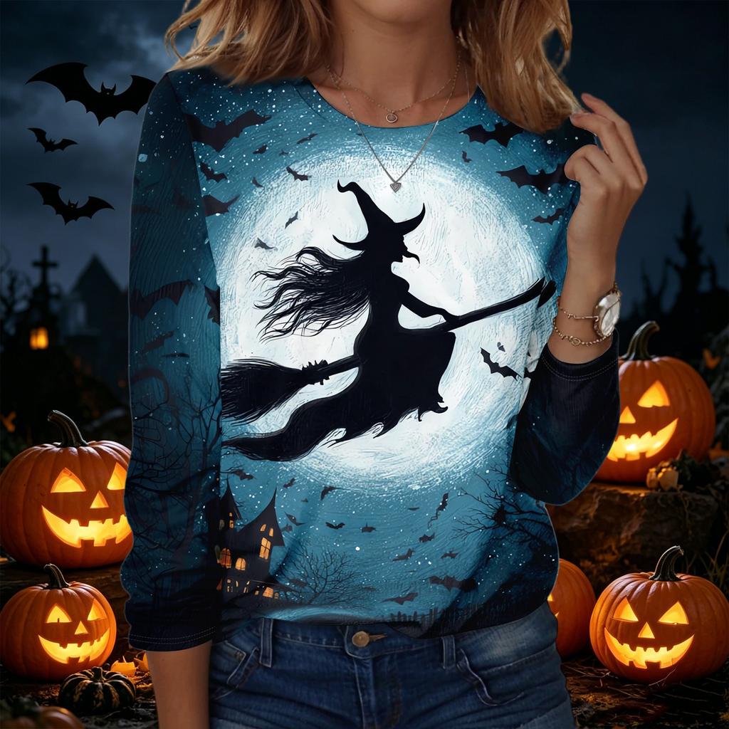 Womens Halloween Printed Pullover Sweatshirt Long Sleeve Crewneck Top Casual Lightweight Pullover Shirt for Fall and Winter