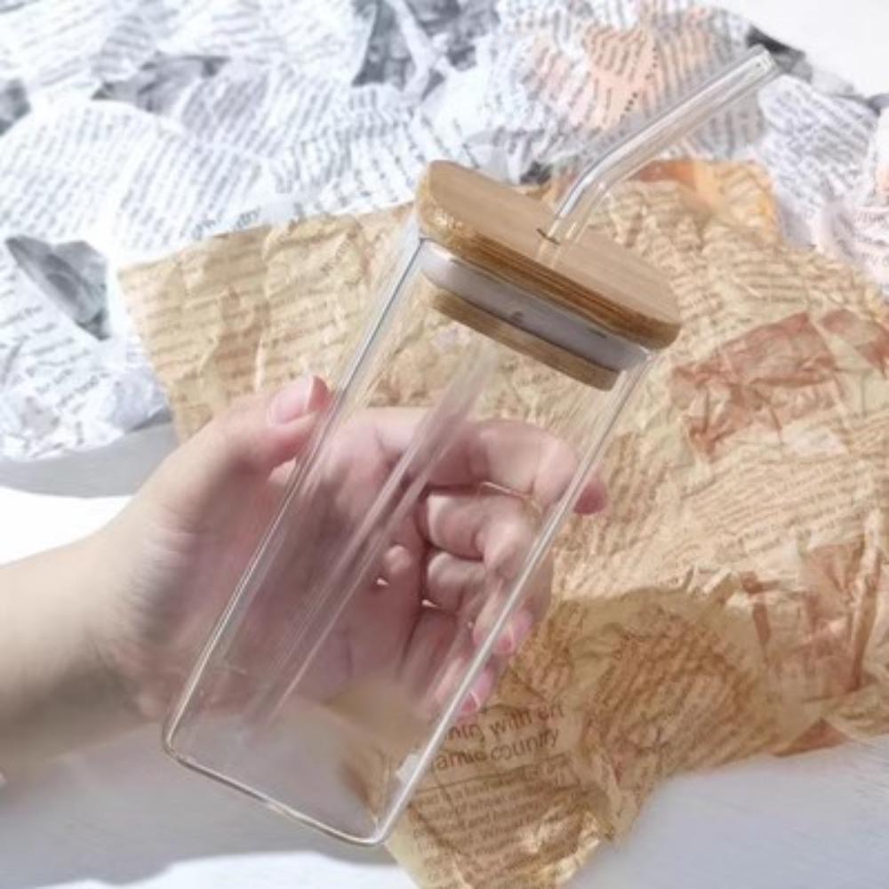 1 Adet Kare Isıya Dayanıklı Kapaklı ve Pipetli Kahve Camı Bardak Şeffaf Süt Çay Meyve Suyu Bardakları Kahve Kupası Ev Barı İçin İçki Takımı