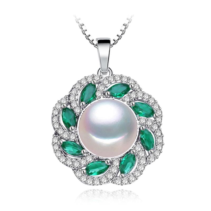 LSOOYH 10-11mm Große Natürliche Süßwasser Perle Neckalce Mode Zirkonia Grün Kristall Blume Anhänger Halsketten Für Frauen