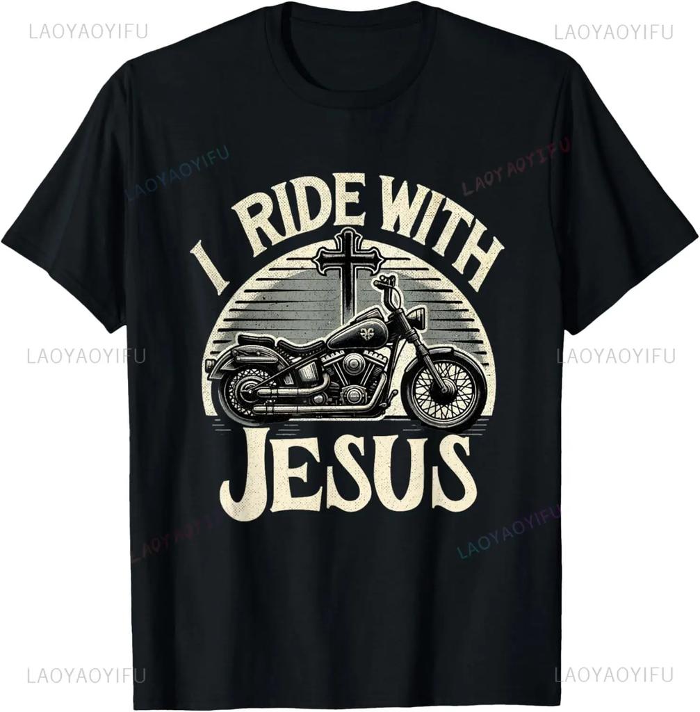 Jesus and Motorcycles Makes Me Happy Funny Christian Biker TShirt Graphic T Shirts Print on Demand Camisas Streetwear