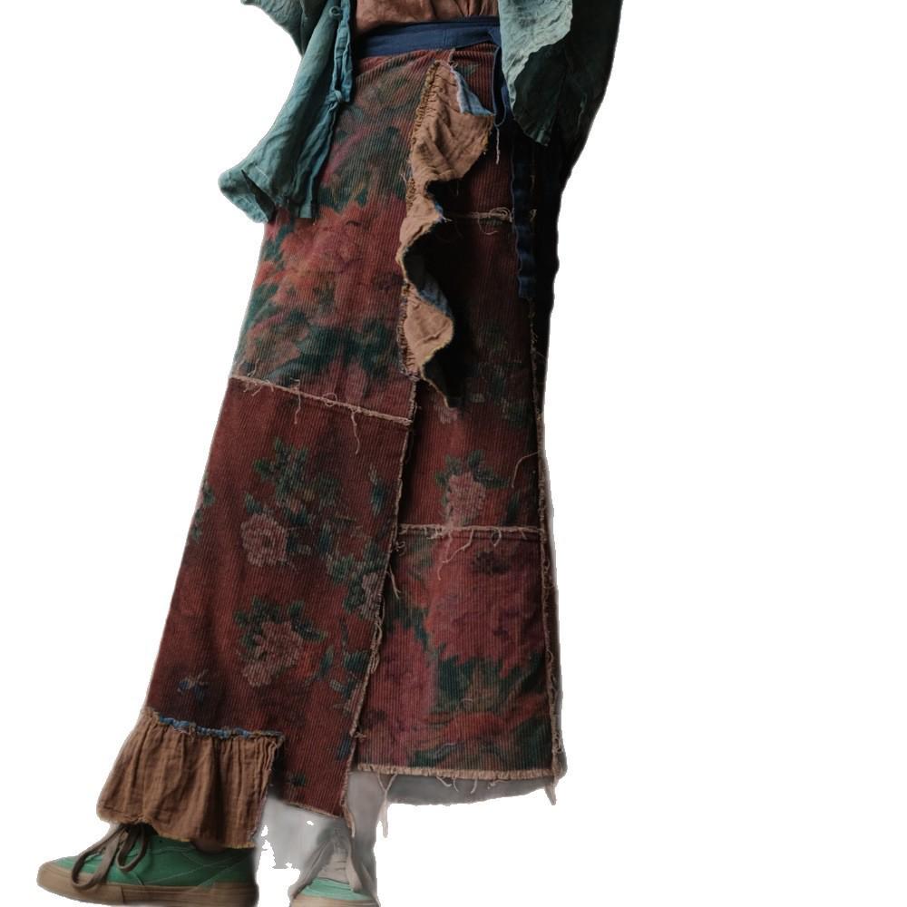 Fallen Ancient Mud Retro Lace-up Patchwork Corduroy Wrap Skirt