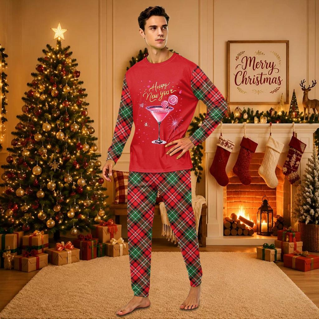 Christmas-print long-sleeve and long-pant matching family loungewear set