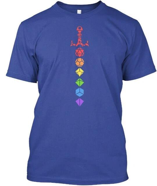 Nerdy Rainbow Polyhedral Dice Set Sword T shirt Made in the USA Size S to 5XL XL