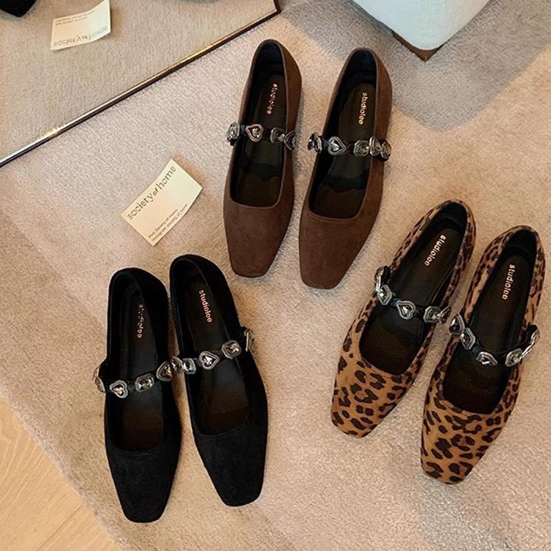 Temperament square head love leopard print drill belt shallow mouth Mary Jane shoes flat single shoes women