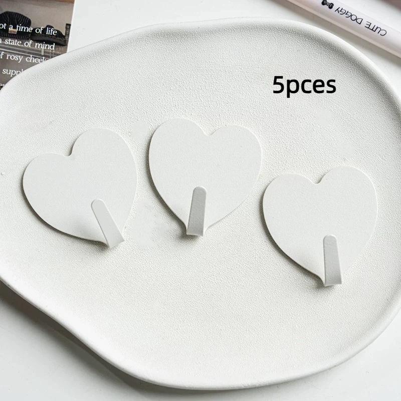 5Pcs Self Adhesive Wall Clothes Towels Hanger Pink Heart Shape Hook Stainless Steel Sticky Key Hooks Child Cute Room Decor Hook