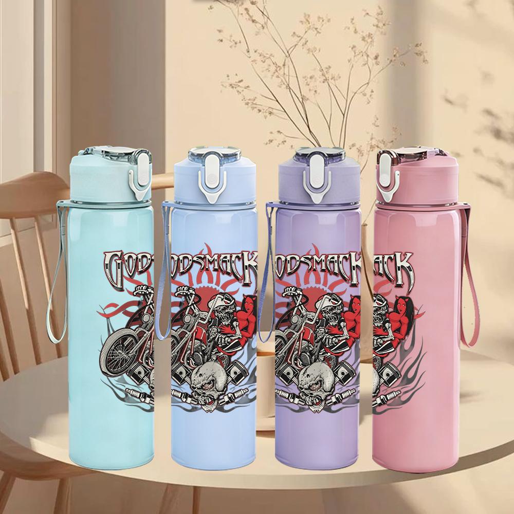 1PC Dark floral band grunge collage print 750ml colorful plastic sports water bottle leakproof pop up lid with straw for outdoor work home use