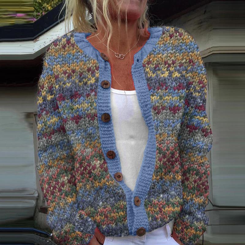 Cardigan Tricot Femme Col Rond Boutonnage Simple Imprimé Floral Manches Longues Vêtement d'Extérieur Décontracté