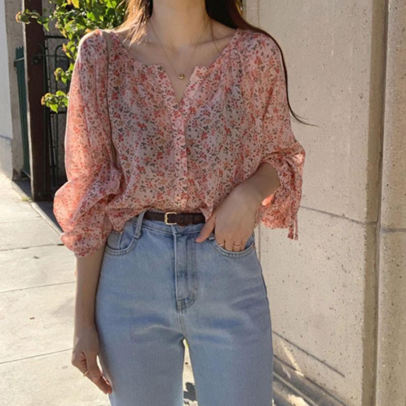 Summer Women Chiffon Shirt Long Sleeve Floral Print O-Neck Sweet