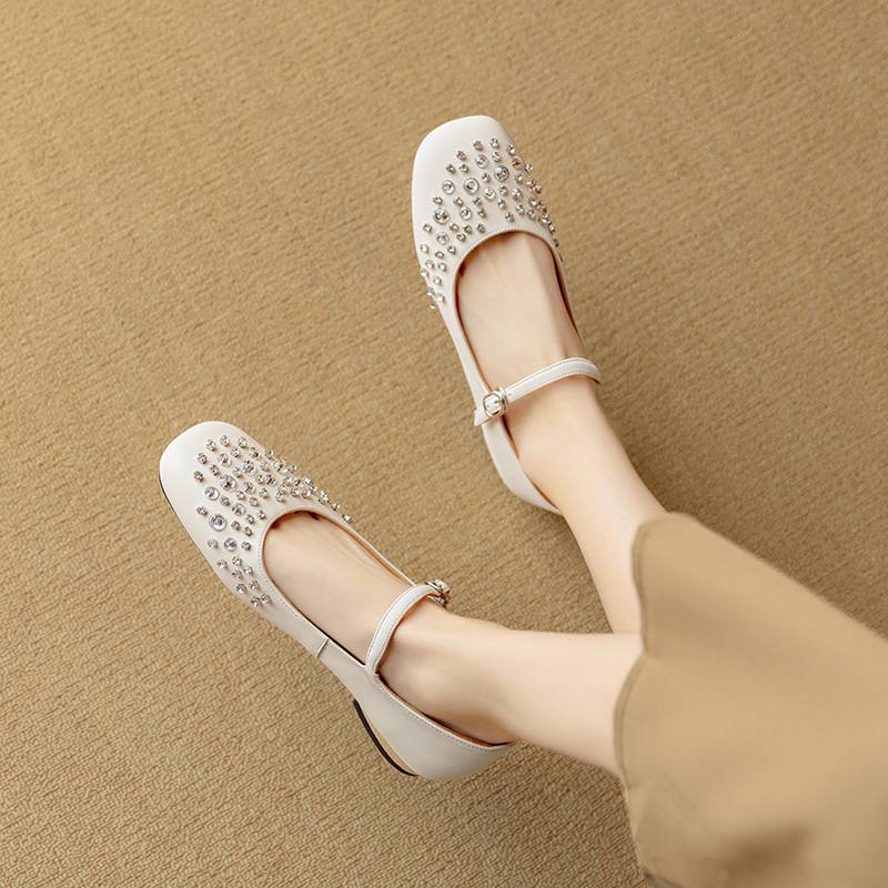 Krazing Pot Sheepskin Summer Autumn Size 40 Low Heels Crystal-studded Mary Janes Square Toe Gladiator Shallow Pumps