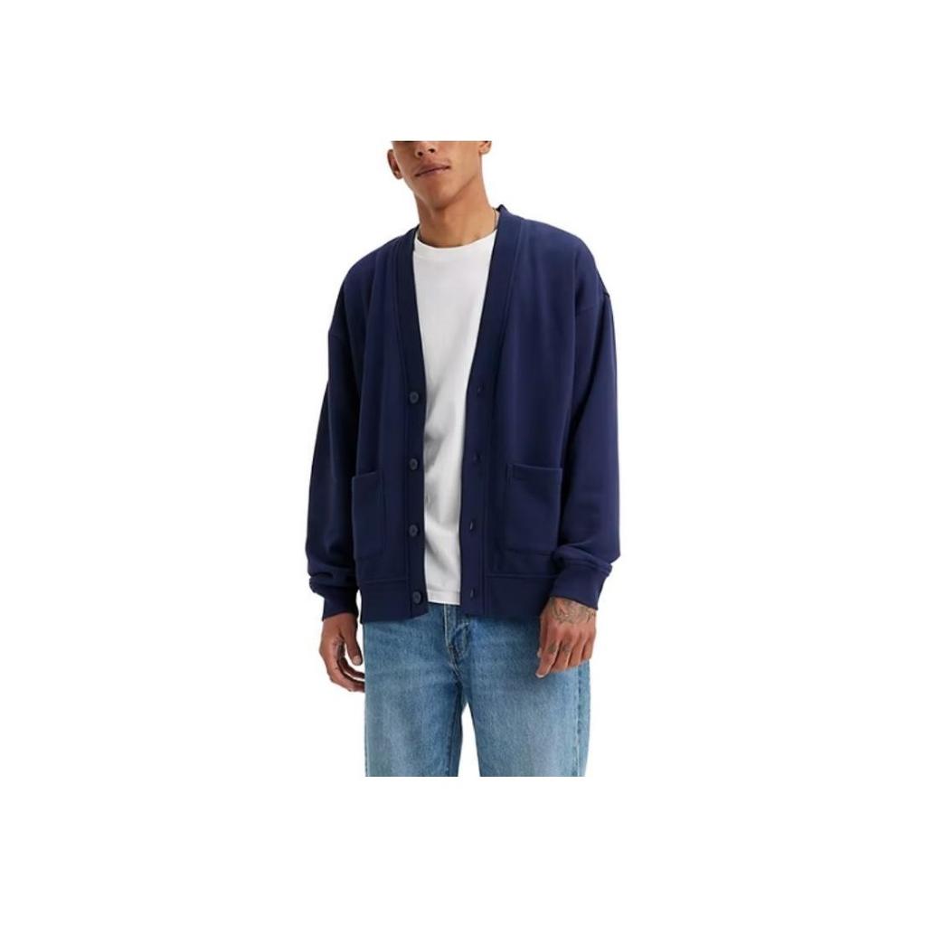 Levis Solid Color V-Neck Single-Breasted Long Sleeve Knit Sweater Men Sweater Dark-Blue A6884-0003