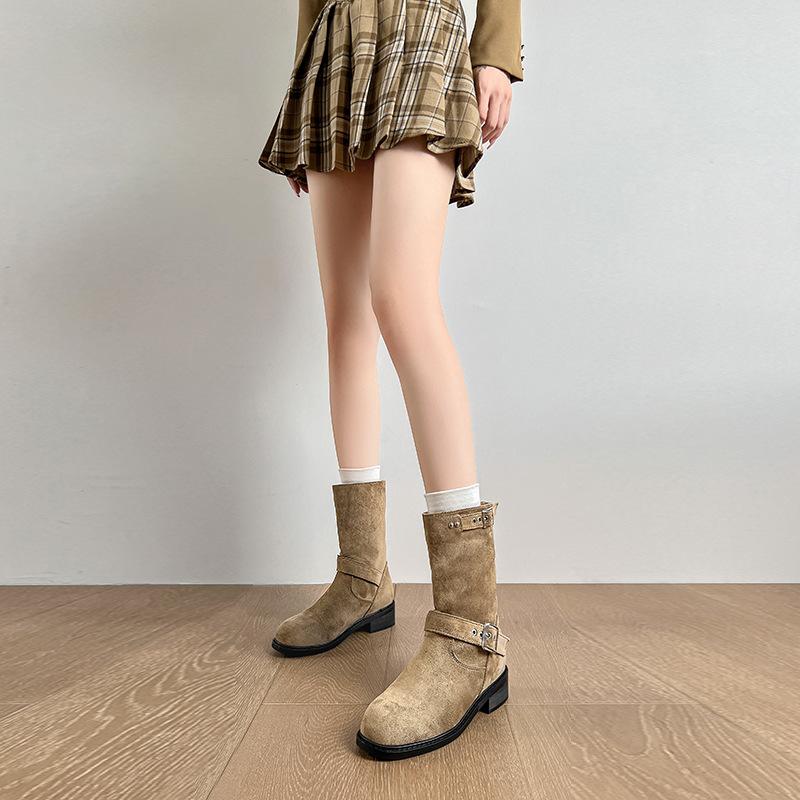 

2025 autumn and winter new western fashion boots European and American style round head thick heel medium tube short boots khaki women s boots 34 хаки
