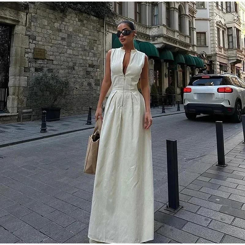 Sleeveless SpliAed Zipper Maxi Dress Women Elegant High Waist Slim Pleated Long Dresses OffiAe Lady Street Robes Female