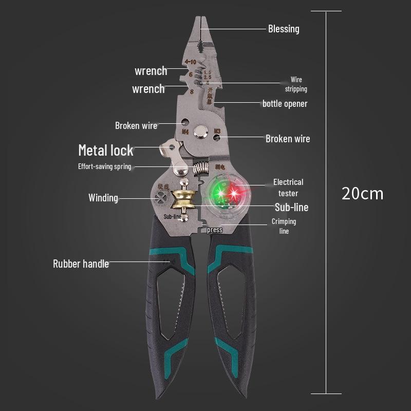 Multifunctional Electrician s Long Nose Pliers: Wire Stripper, Cutter, Voltage Tester, Puller, Folding Test Pen
