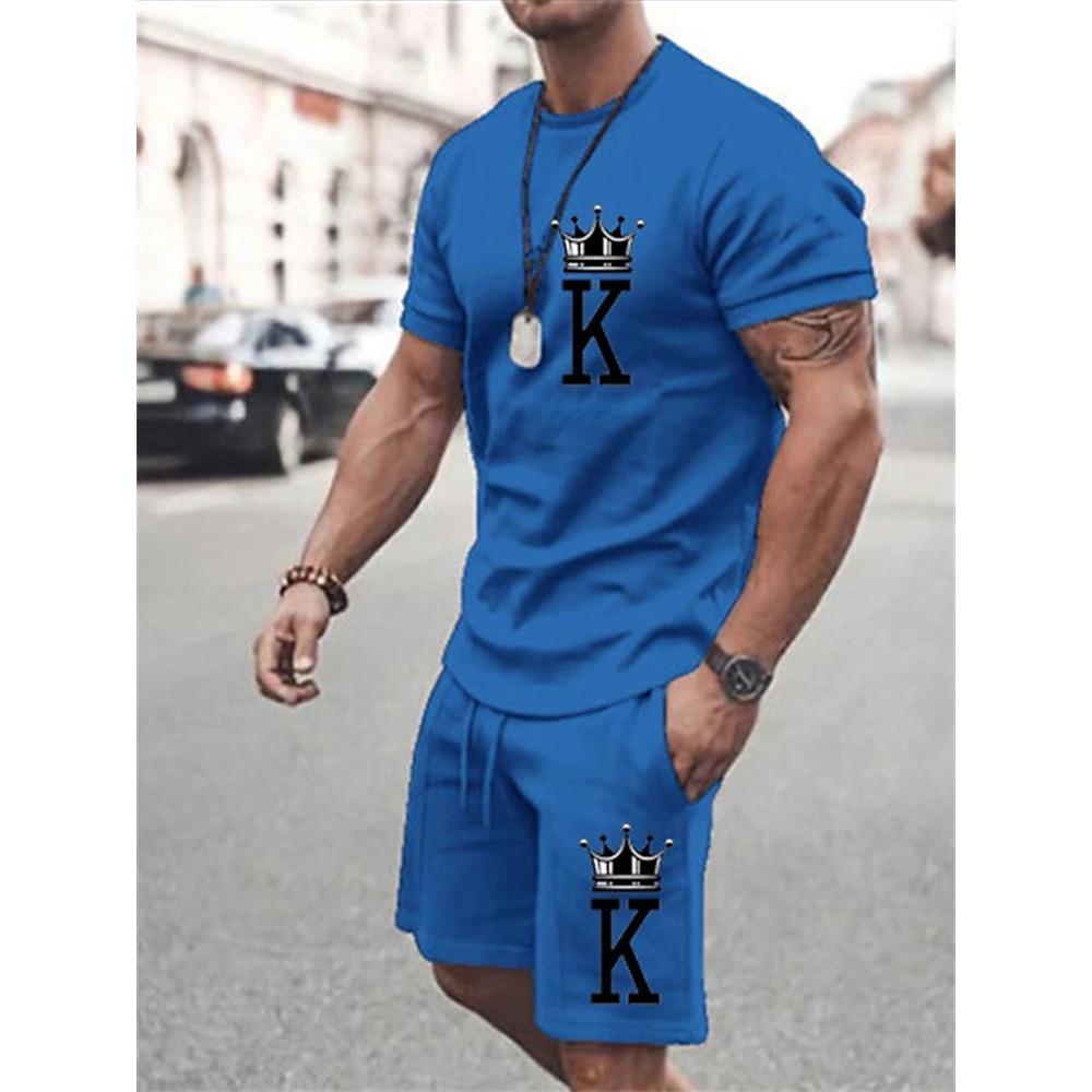 Summer Men's Casual Suit Two-Piece Simple Casual Streetwear King Print Beach Suit Men's T-Shirt Shorts Sportswear