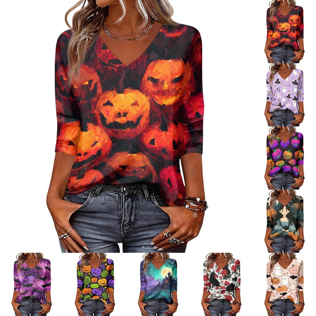 Women’s Casual V Neck Top with Three Quarter Sleeves and Halloween Themed Cat and Skull Floral Print for Everyday Wear