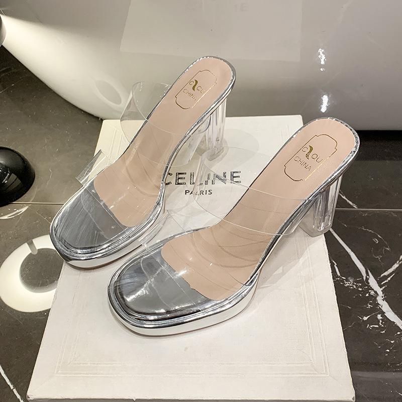 

Женские туфли на высоком каблуке, новые прозрачные хрустальные водонепроницаемые на платформе, летние 2025, шлепанцы на толстом каблуке с сандалиями для улицы 35