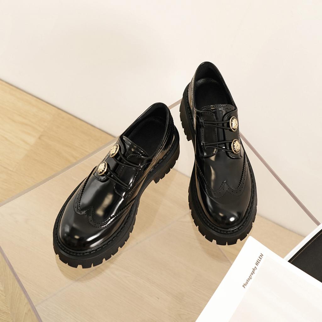 Brogue Carved Small Leather Shoes Women's Autumn and Winter Hepburn Style Small Gold Buckle Thick Bottom Retro British Loafers Genuine Leather Shoes