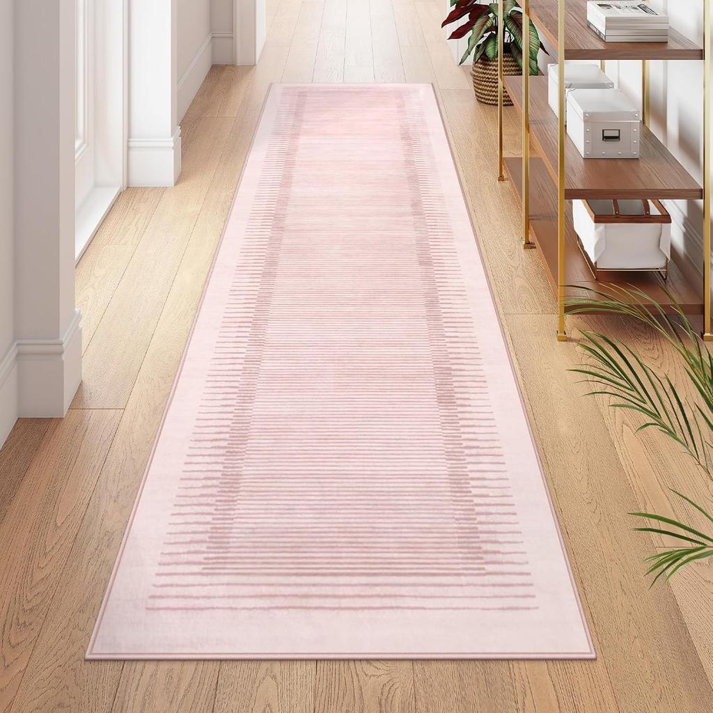 Runner Rug Corridor Carpet Bedside Bedroom Striped Non-Slip Soft Pink Runner Rugs Foldable Machine Washable Home Decoration