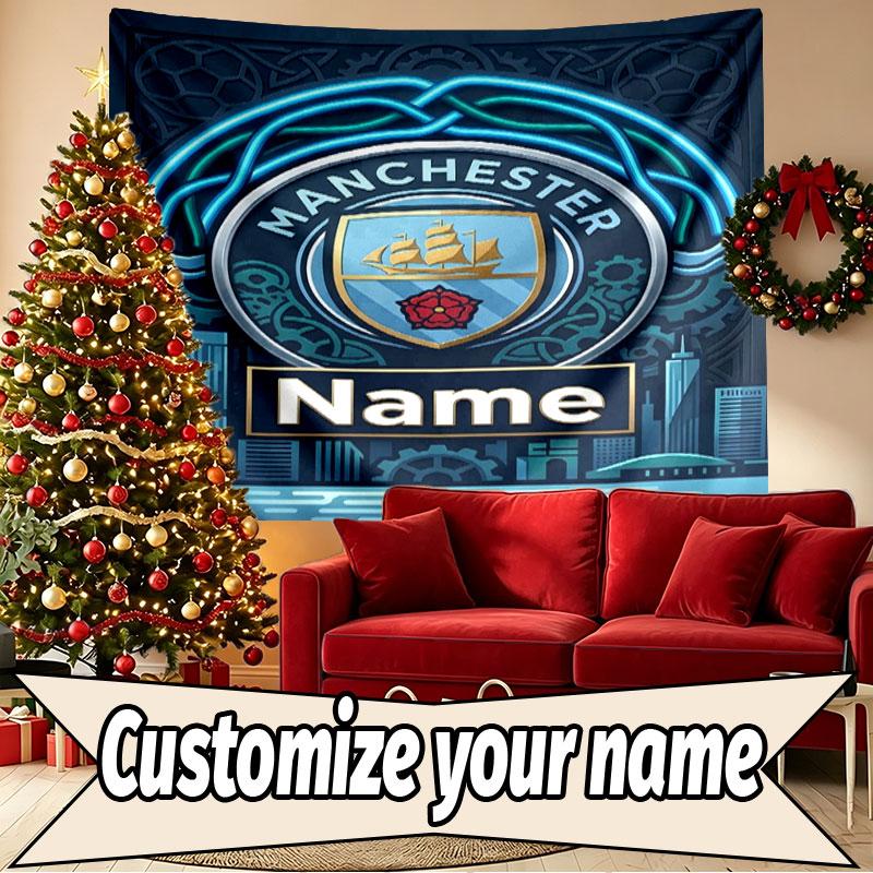 Custom Name Personalized Manchester City Print Tapestry, Wall Art Decor, Bedroom, Dorm, Apartment, LivingRoom, Party Backdrop, Gift for Birthday