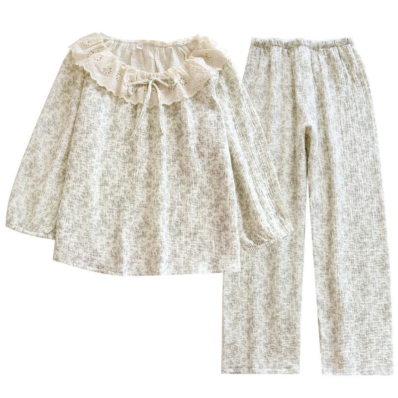 2026 New Women's Spring and Autumn Pajama Set 100% Cotton Crepe, Rural Style Lace, Long Sleeve Home Clothes Sleepwear